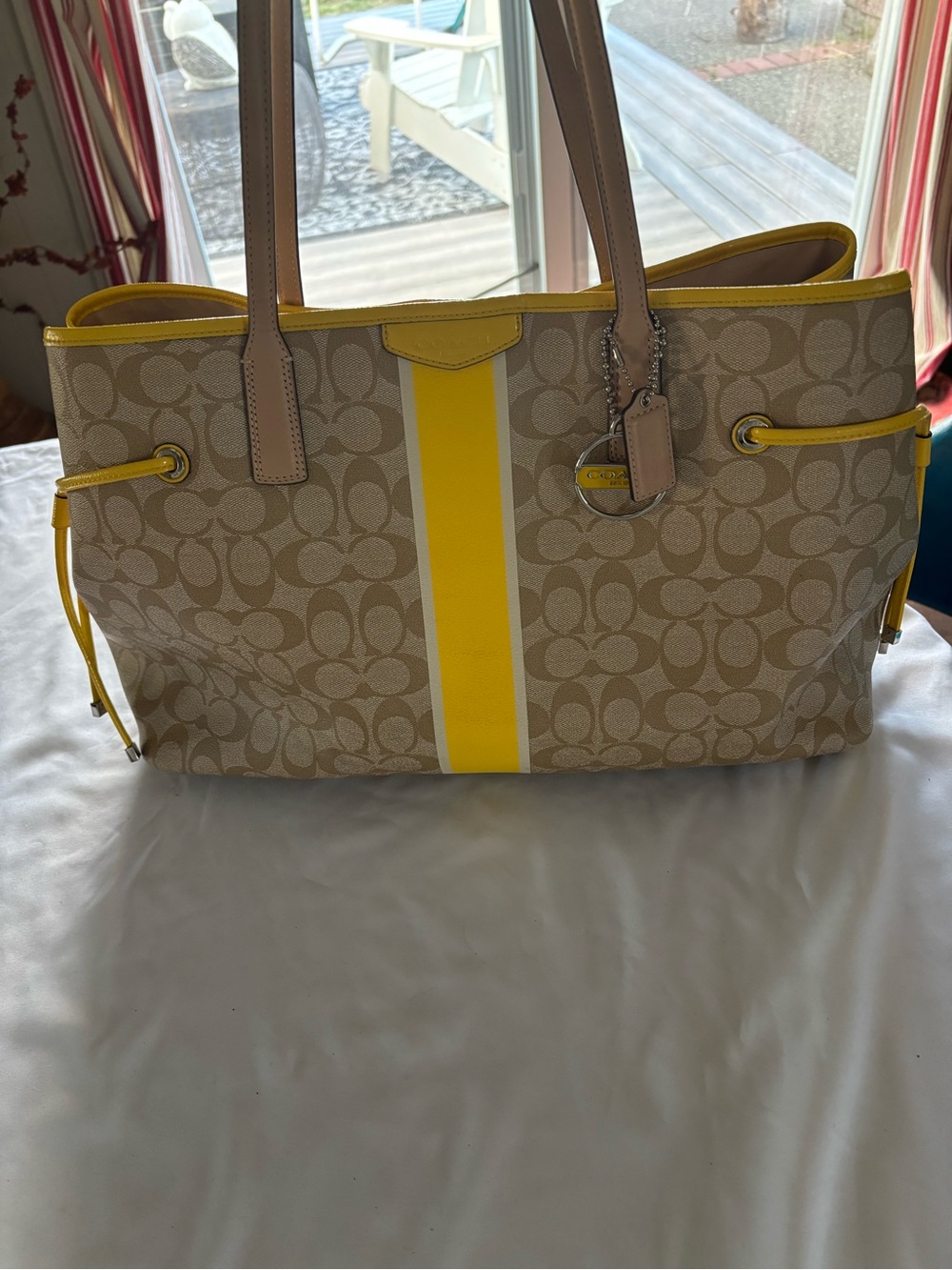 Coach Beige Signature Tote with Yellow Center Stripe. Used once!